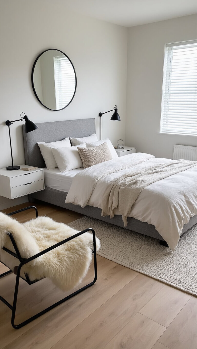 Scandinavian-style bedroom with pale pine floors, platform bed with gray wool headboard, white and cream bedding, black wall-mounted reading lamps, floating nightstands with round mirror above, and modern accent chair with sheepskin throw, bathed in cool diffused afternoon light.