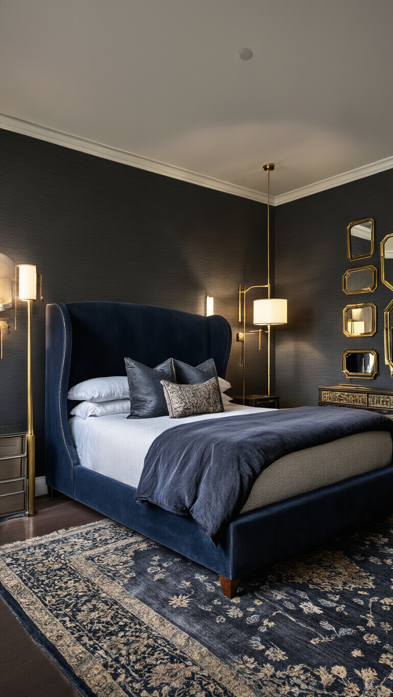 Dark, moody primary bedroom with charcoal grasscloth walls, navy velvet wingback bed, layered brass lighting, plush charcoal carpet, vintage silk rug, and Art Deco mirrors.