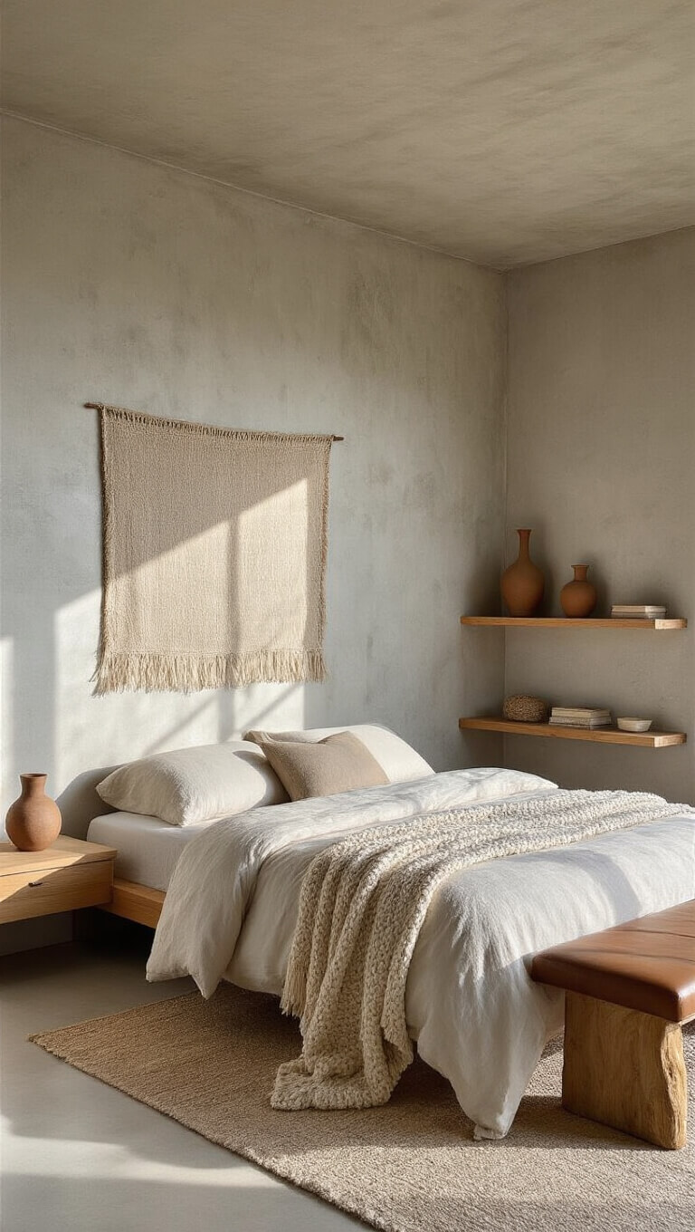 Modern organic bedroom with textured concrete wall, low-profile oak bed in ivory linens, handwoven neutral tapestry, ceramic vessels on floating shelves, chunky oatmeal knit throw, and live edge bench with leather cushion in soft mid-morning light.