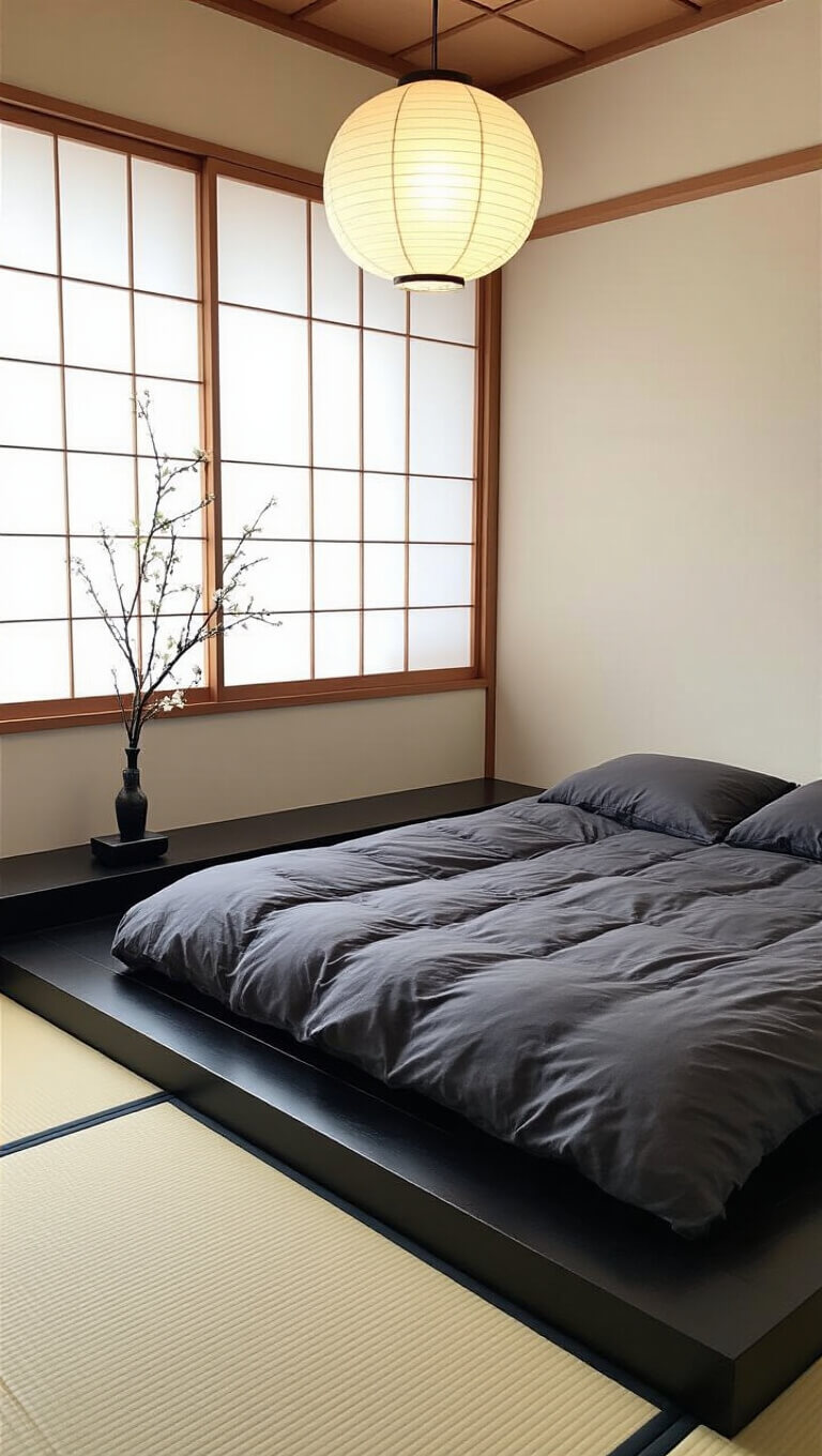 Zen-inspired Japanese bedroom with futon on black bamboo floor, cream tatami mats, sliding shoji screens, ikebana on low table, and soft dawn light.