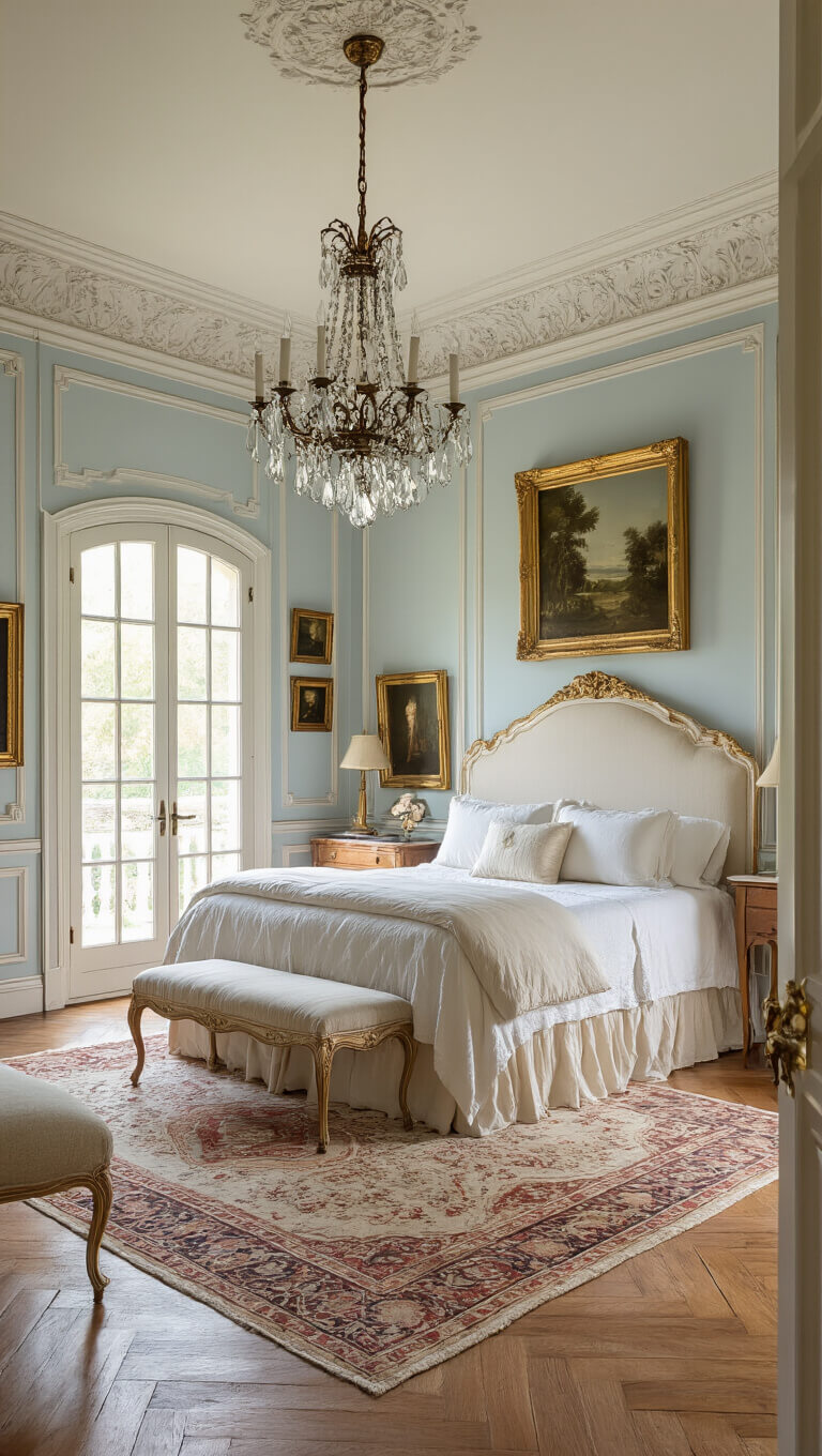 French provincial bedroom with cream upholstered bed, crystal chandelier, Persian rug on herringbone floor, and golden afternoon light through French doors.