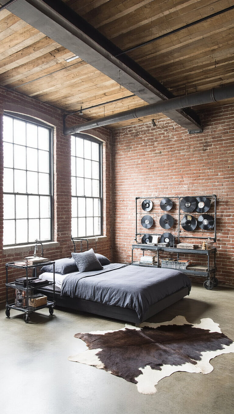 Industrial loft bedroom with exposed brick, steel beams, king platform bed, vintage cart nightstand, cowhide rug on concrete floor, and pipe shelving with vinyl records, lit by soft noon light through factory windows.