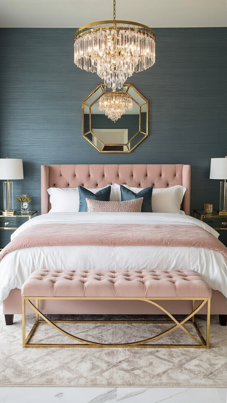 Contemporary glam bedroom with blush pink tufted velvet bed, metallic grasscloth accent wall, lucite and brass side tables, geometric crystal chandelier, white marble floors, silk area rug, and gold-framed mirror gallery wall in twilight blue hour lighting.