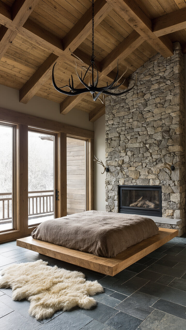 Mountain modern bedroom with timber ceiling, stone fireplace, earth-tone bedding, sheepskin rugs on slate floors, and morning light highlighting natural materials.