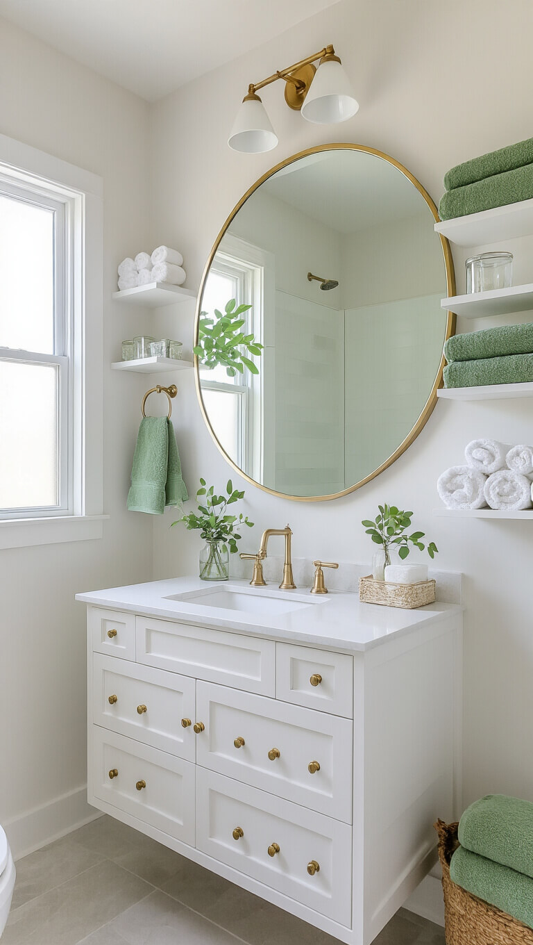 Bright 6x8ft bathroom with floating white vanity, brass hardware, round mirror, sage green towels, and white shelves holding towels and glass containers, bathed in morning light from frosted window.