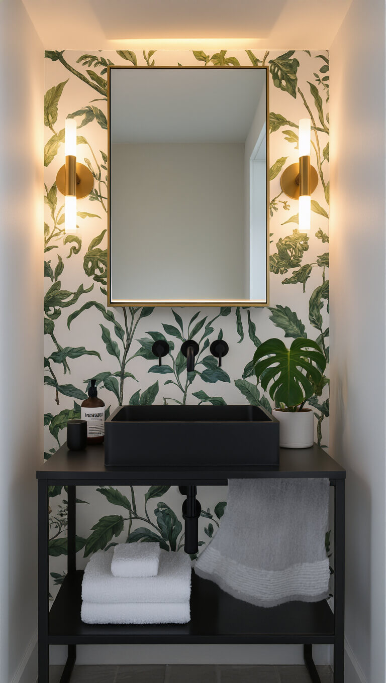 Dramatically lit small powder room with botanical peel-and-stick wallpaper, black floating sink, brass sconces, and organic decor elements.