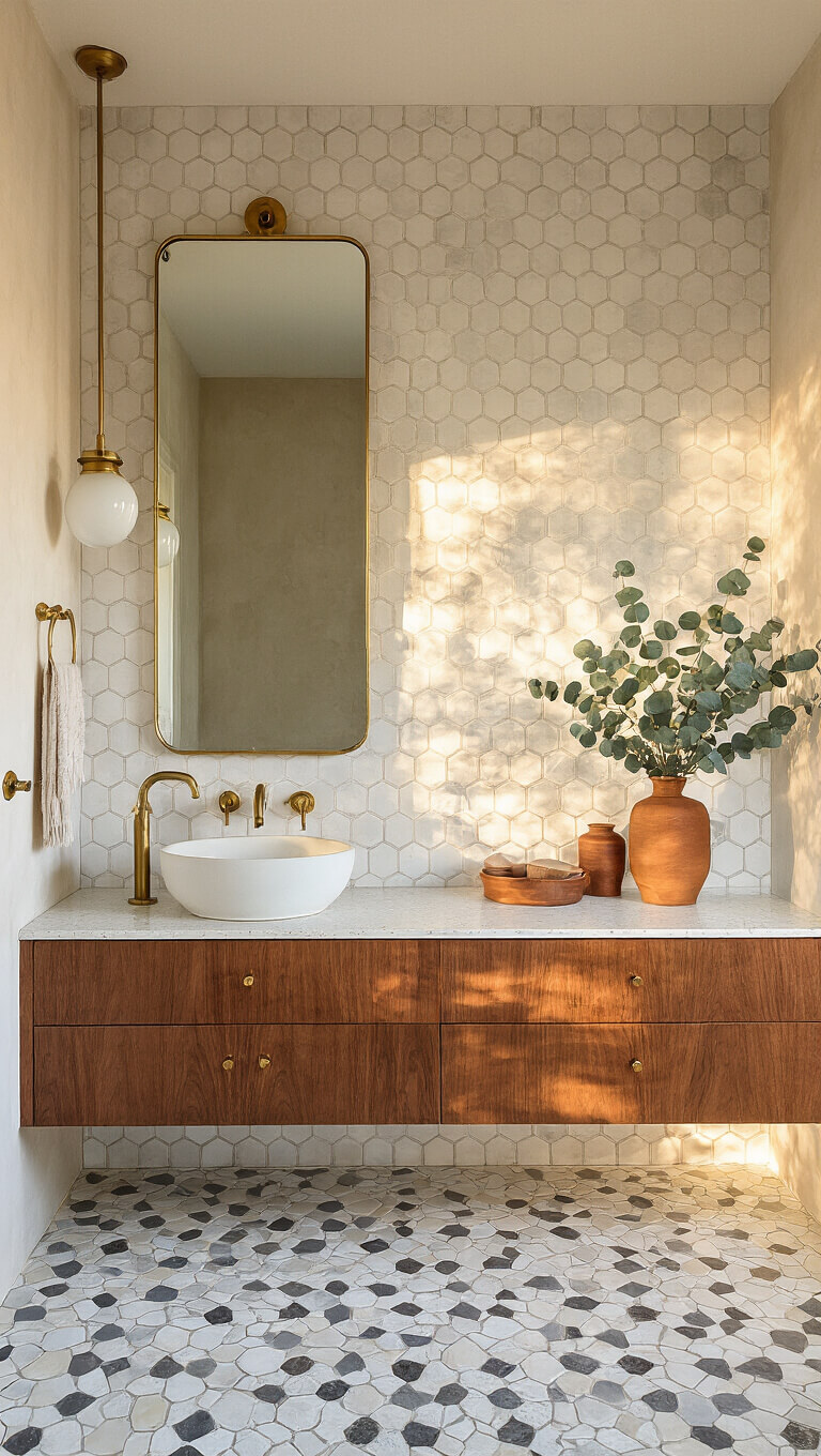 Mid-century modern bathroom with geometric white and gray hexagon tile floor, floating walnut vanity, white vessel sink, brass mirror, and golden hour lighting.