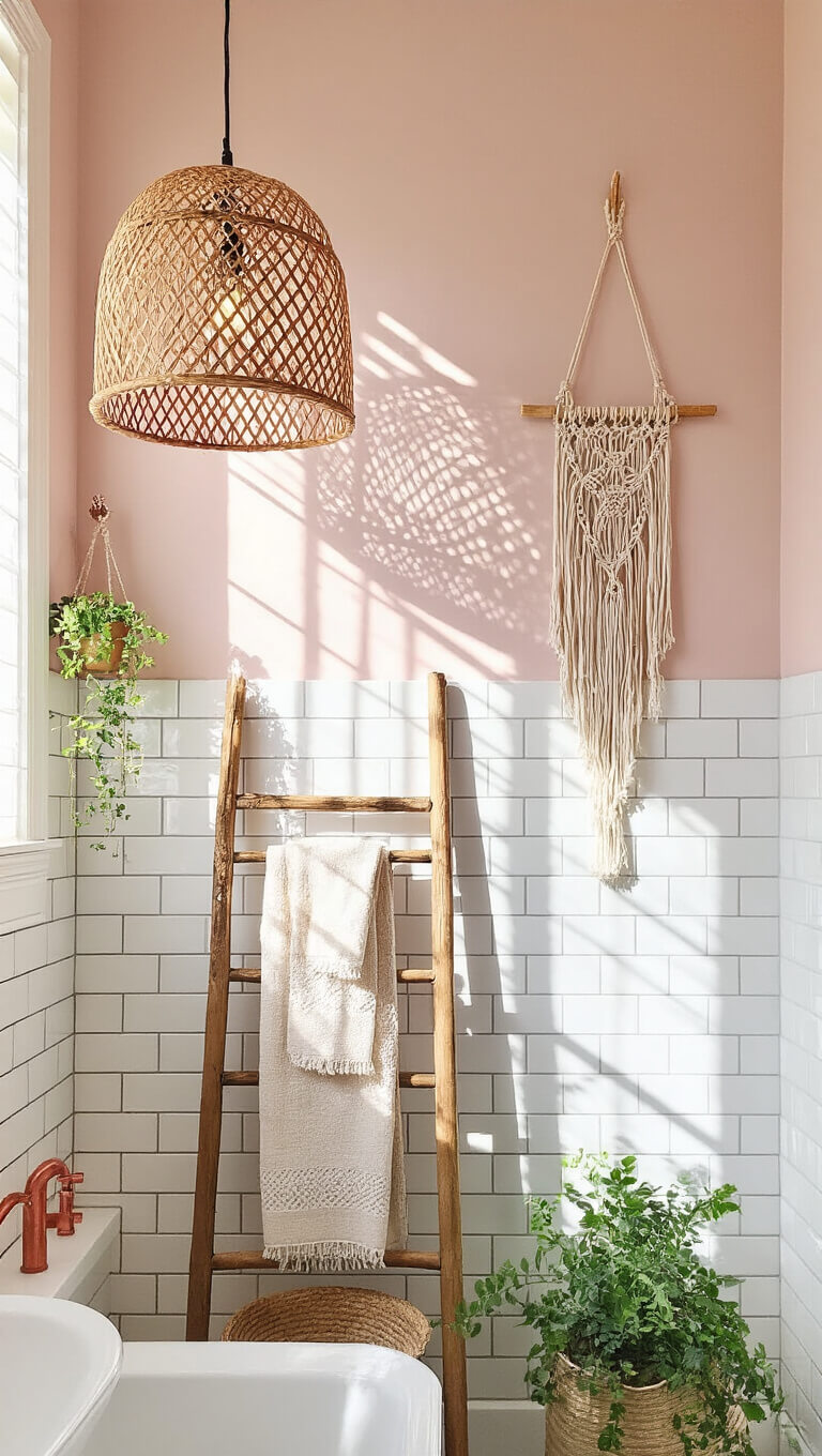 Boho small bathroom with pink walls, rattan pendant light, copper fixtures, wooden ladder towel rack, and macramé decor.
