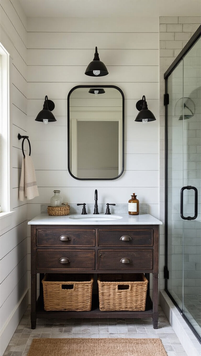 Modern farmhouse bathroom with shiplap wall, black-framed shower, vintage marble-topped vanity, and industrial sconces.