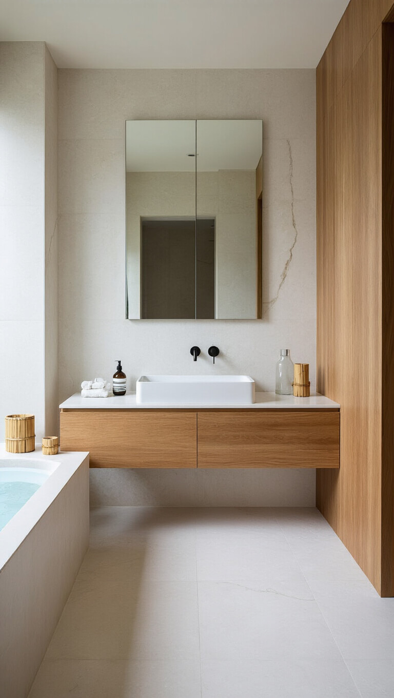 Minimalist 7x7ft spa bathroom with white porcelain tiles, teak floating vanity, frameless wall-width mirror, and bamboo accents in soft afternoon light.