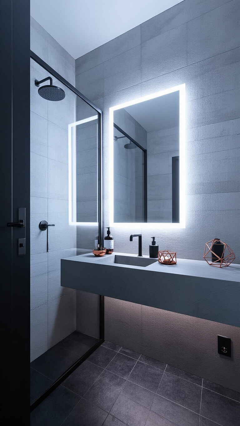 Contemporary 6x6ft bathroom with dark charcoal tiles, copper fixtures, LED backlit mirror, floating concrete vanity, and black-framed glass shower.