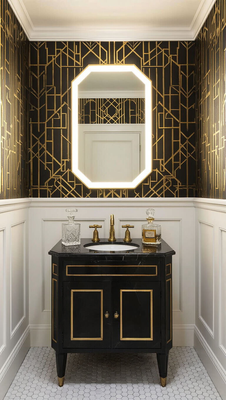 Art Deco powder room with black and gold geometric wallpaper, antique brass vanity, black marble top, octagonal LED mirror, and vintage glass decor, shot from low angle.