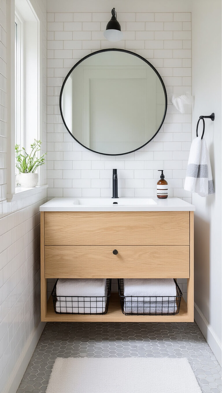 Scandinavian bathroom with white penny tile walls, blonde wood floating vanity, round black-framed mirror, and rolled Turkish towels in wire baskets.