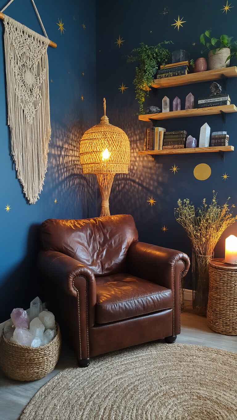 Cozy mystical reading nook with leather armchair, macramé wall hanging, celestial-accented wall, crystal-filled shelves, and moody ambient lighting at dusk.