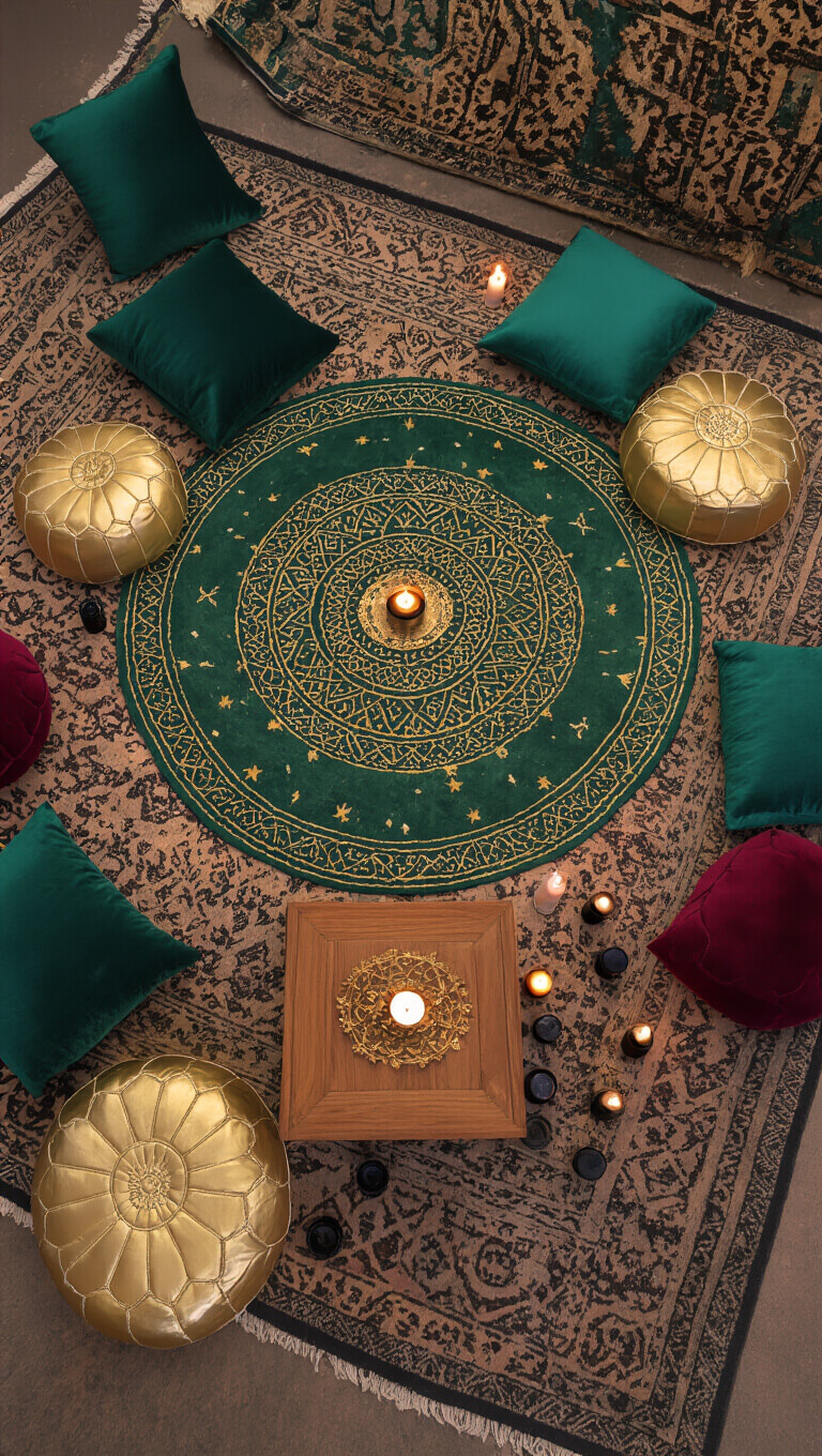 Overhead view of 8x8ft twilight meditation corner with emerald and gold Moroccan rug, brass cushions, velvet poufs, low wooden altar, black candles, and crystal grid in warm geometric arrangement.