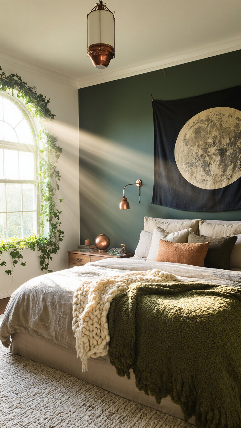 Late afternoon sunlit master bedroom with layered natural linens on king bed, chunky wool throws in olive and cream, moon phase tapestry on dark green wall, vintage copper incense holders, and ivy-framed arched window.