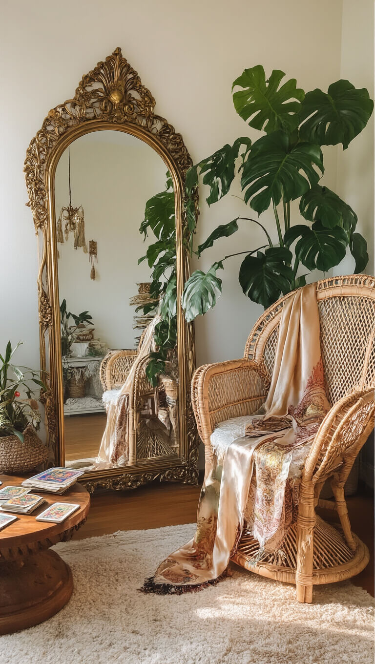 Low-angle view of a boho-style room with vintage brass mirrors on an ivory wall reflecting dawn light, a rattan peacock chair with silk scarves next to a tall monstera plant, and tarot cards spread on a low wooden table in soft focus.