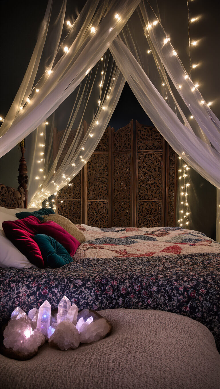 Cozy nighttime bedroom with sheer canopy, string light bokeh, vintage quilts, jewel-toned velvet pillows, crystal clusters, and carved wooden screens, shot from bed level with magical long exposure lighting.