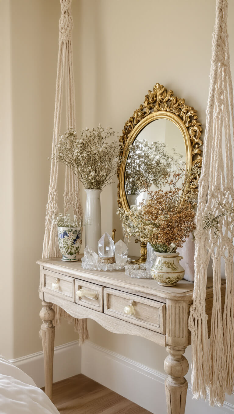 Vintage vanity with brass mirror, crystal decor, and dried flowers in ceramic vases, framed by macramé plant hangers in a sunlit master bedroom corner.