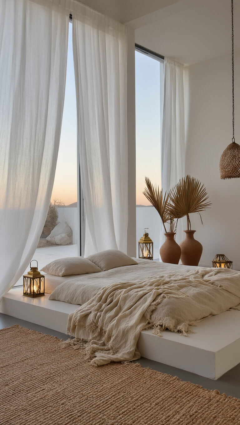 Twilight-lit minimalist bedroom with billowing white curtains, low platform bed in undyed linens, brass lanterns casting shadows, and dried palm decor in tall ceramics.