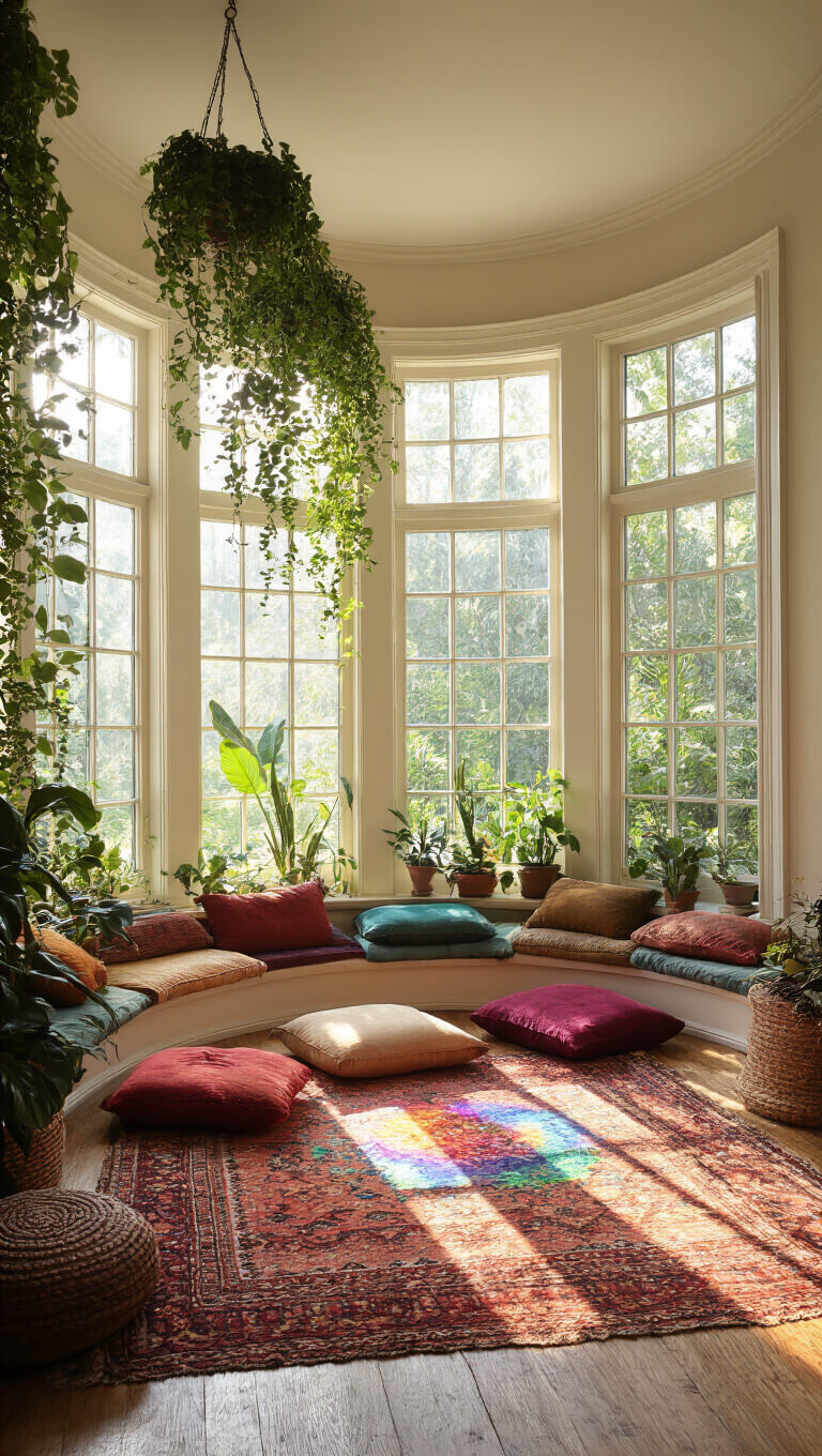 Cozy 12x12ft meditation space with curved bay window, jewel-toned floor cushions, hanging plants, vintage kilim over sisal rug, and crystal grid catching rainbow light.