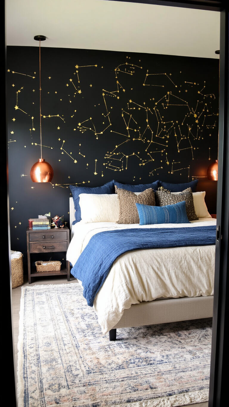 Cozy primary bedroom at dusk with black accent wall featuring gold constellations, queen bed with neutral layers and indigo textiles, and warm copper pendant lighting.
