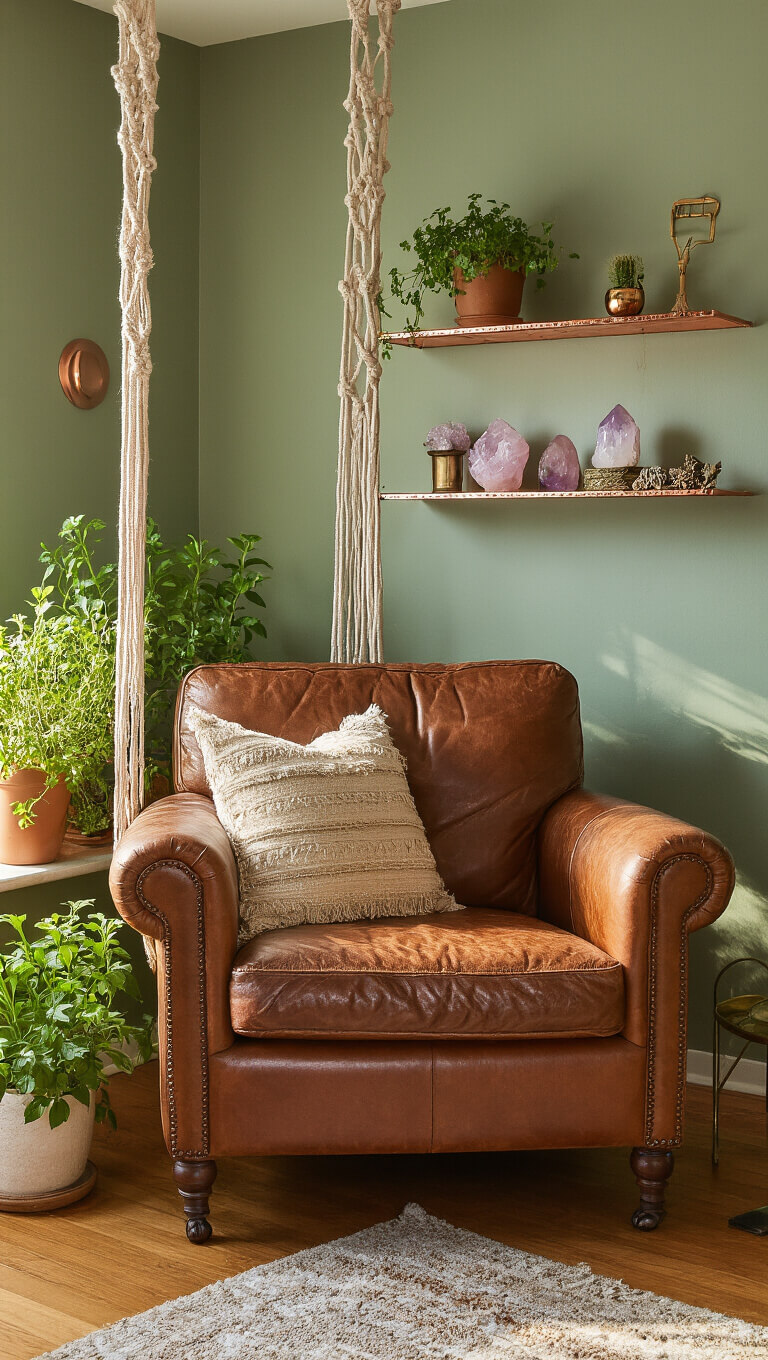 Cozy 10x10ft reading nook with vintage leather chair under macramé hanging, surrounded by potted herbs, crystals, and copper shelves holding ritual objects, bathed in afternoon sunlight against sage green walls.