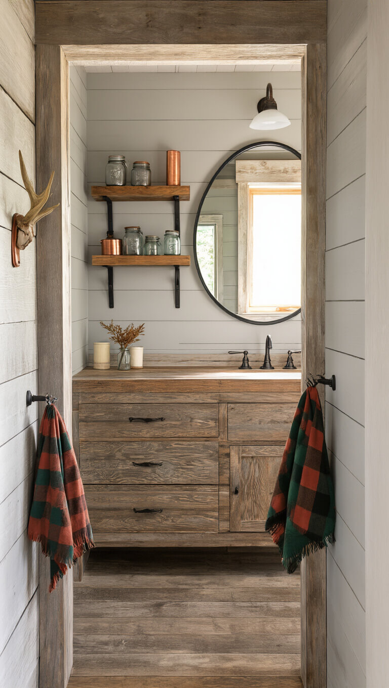 Cozy cabin bathroom with reclaimed wood paneling, floating barn wood vanity, and warm golden hour lighting highlighting copper fixtures and rustic decor.