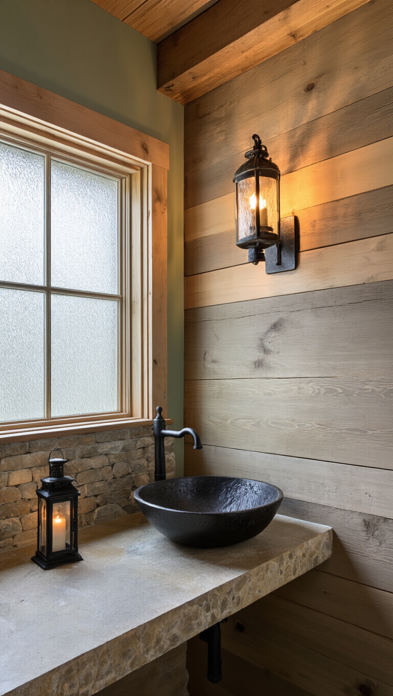 Low-angle view of intimate powder room with cedar-planked accent wall, black iron vessel sink, stone countertop with river rock backsplash, vintage lantern sconce, and exposed wooden ceiling beams illuminated by dawn light through a frosted window.