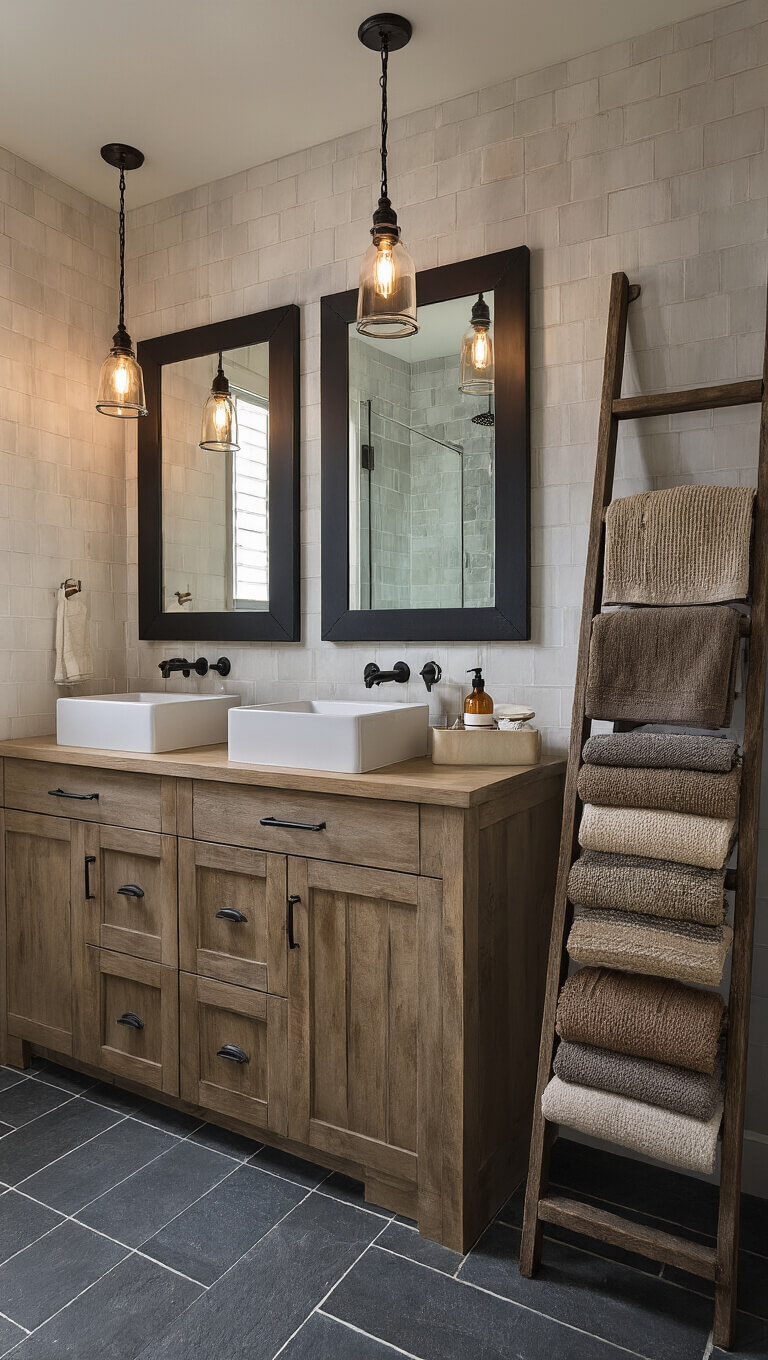 Master cabin bathroom at blue hour with double alder wood vanity, slate gray stone floor, glass rainfall shower, vintage ladder towel rack, and warm Edison bulb pendant lights.