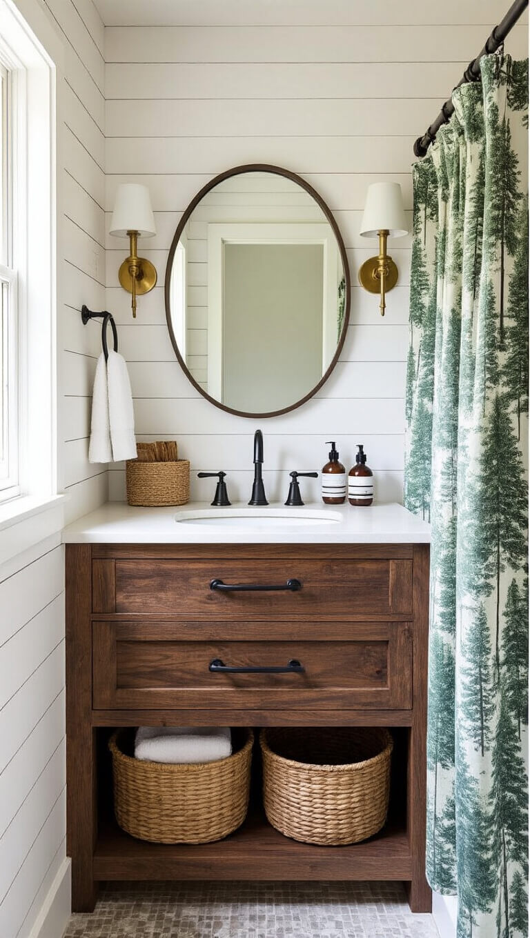 Tiny guest bathroom with white-washed pine walls, walnut floating vanity, matte black hardware, brass sconces, circular mirror, and forest-themed shower curtain.