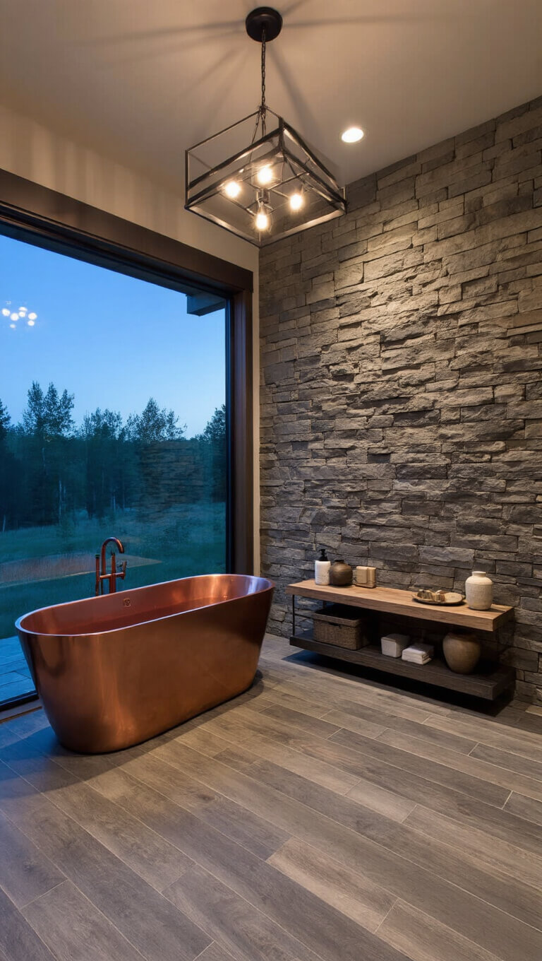 Contemporary cabin bathroom with copper freestanding tub, stacked stone accent wall, heated gray wood-look tile flooring, and dimmable chandelier lighting.