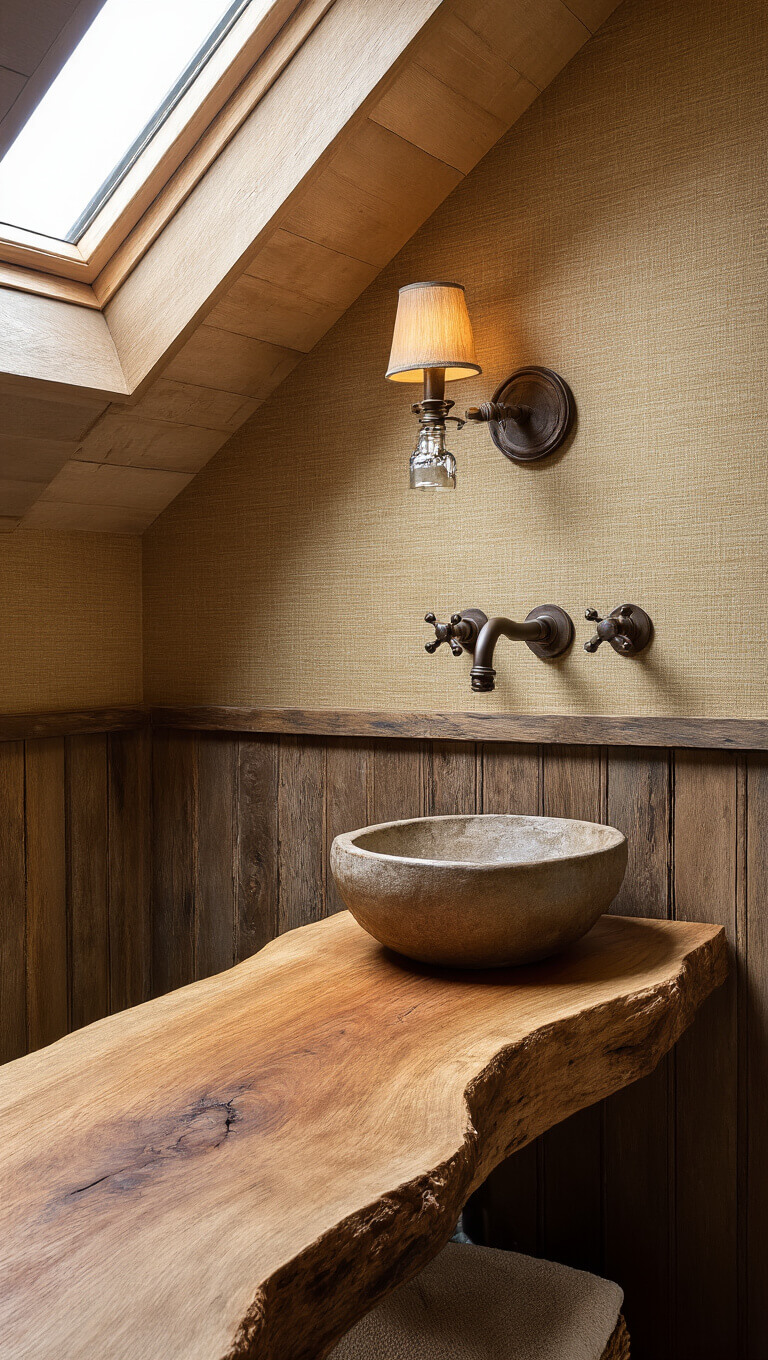 Close-up of rustic powder room with vintage washbasin on live-edge wood counter, textured sienna grasscloth wallpaper, and antique bronze fixtures in afternoon light.