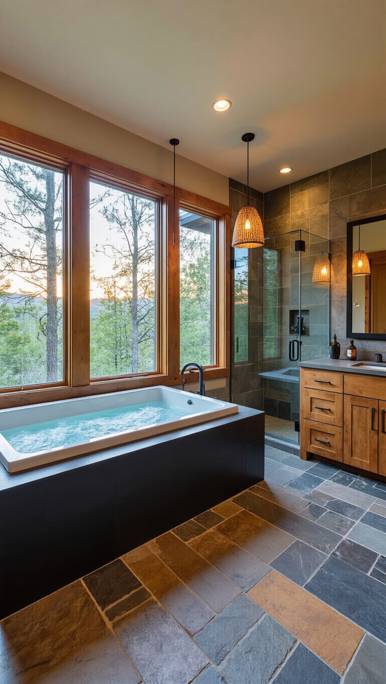 Mountain retreat bathroom at sunset with forest view through panoramic window, matte black soaking tub, slate heated floors, glass walk-in shower, alder vanity, and warm woven pendant lighting.
