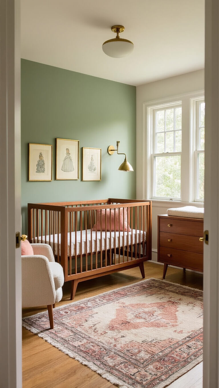 Mid-century modern nursery with walnut crib, sage green accent wall, vintage décor, and golden hour light through west-facing windows.