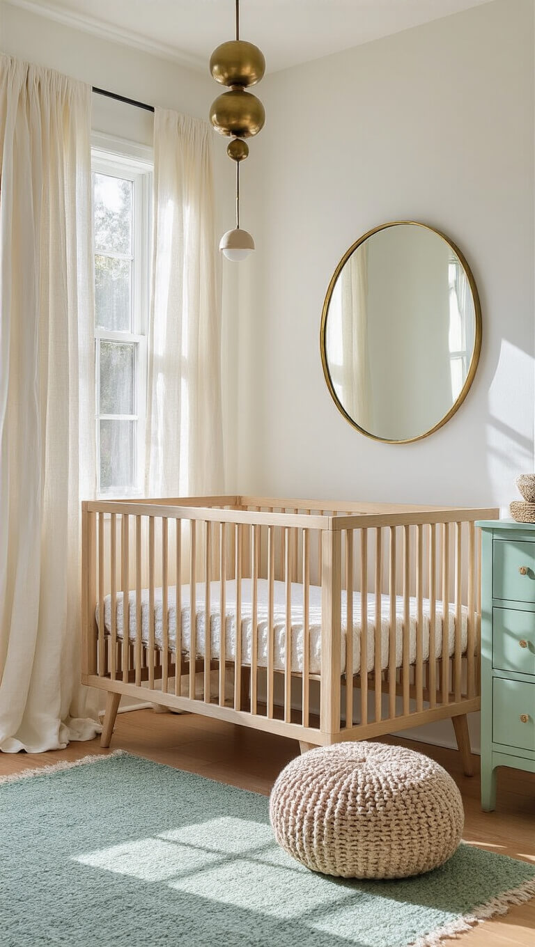 Vintage modern nursery with Danish oak crib, mint antique dresser, and morning light streaming through sheer curtains, highlighting textured rug, knit pouf, and brass mirror.