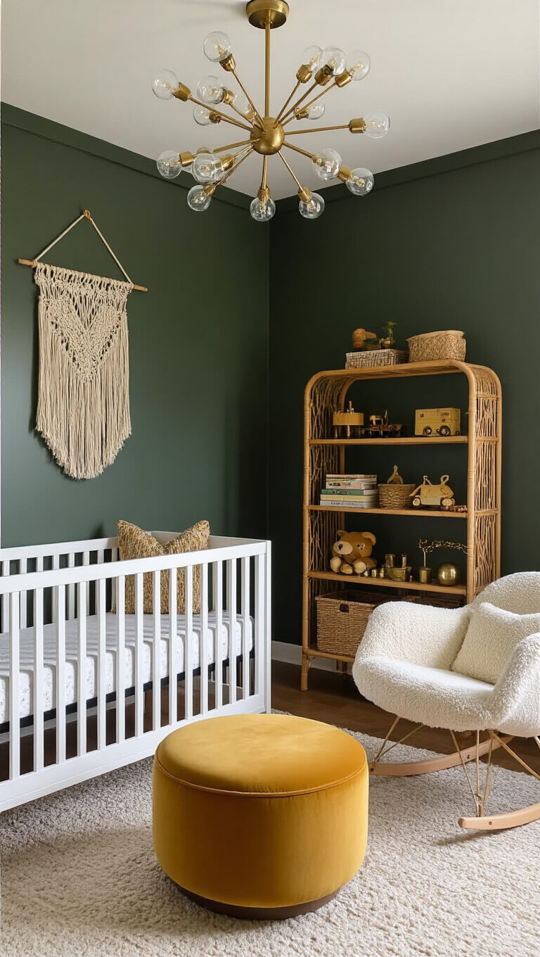 Modern nursery with high ceiling and sputnik chandelier, white crib against deep sage wall, rattan bookshelf with vintage toys, mustard ottoman and cream boucle rocker, macramé wall hanging above crib.