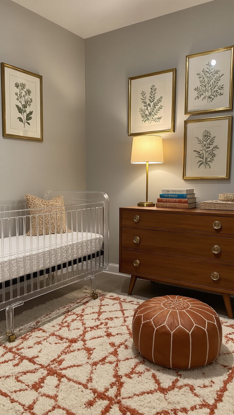 Cozy nursery at dusk with acrylic crib, vintage walnut dresser, brass accents, and botanical gallery wall.