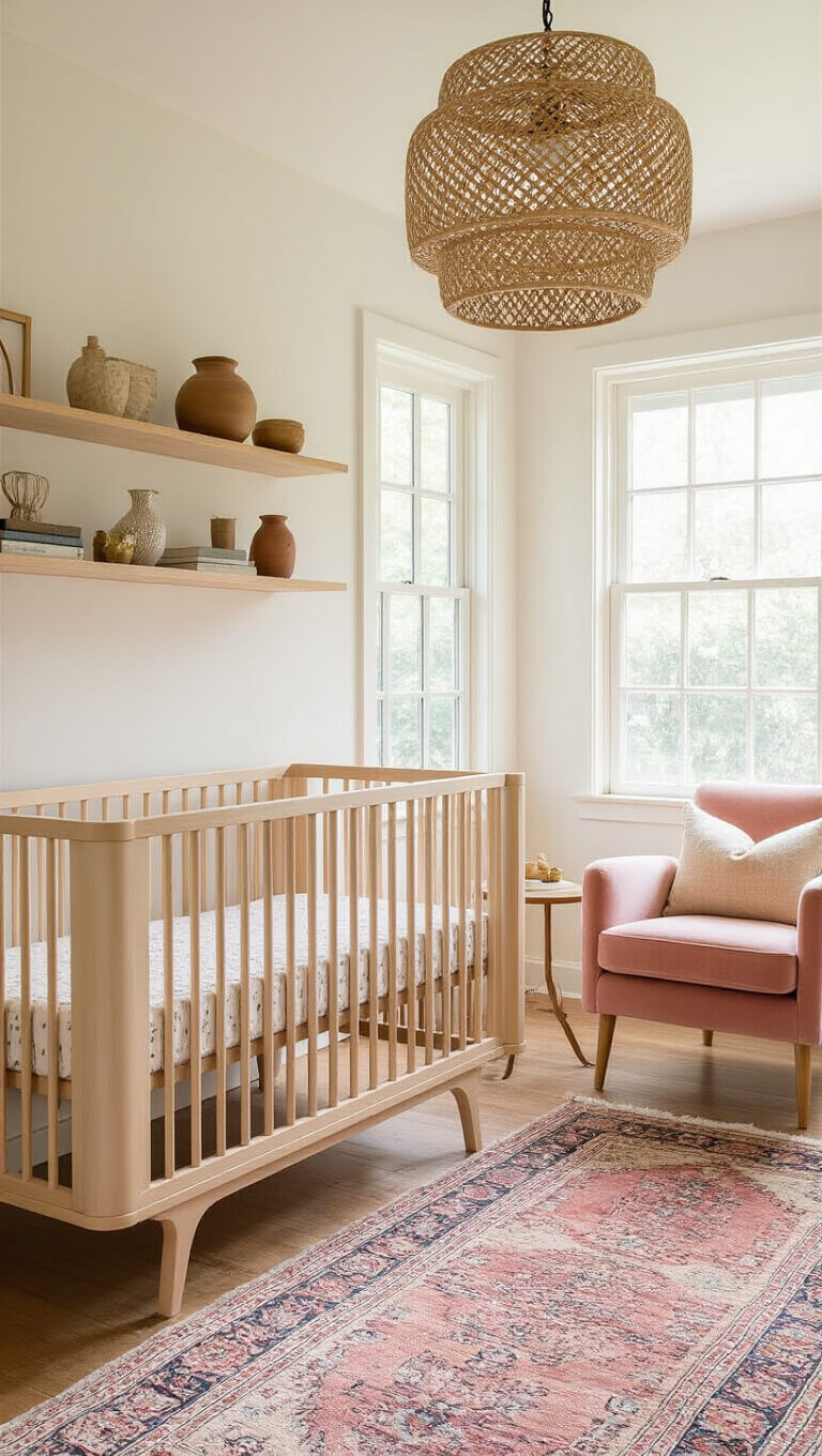 Sunlit nursery with maple crib, vintage side table, Persian runner, blush velvet chair by window, woven pendant, and styled shelving with modern and vintage decor.