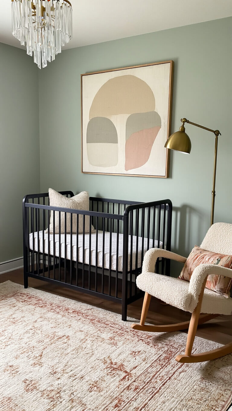 Elevated view of moody nursery with black metal crib, sage walls, vintage brass lamp, mid-century rocker in boucle, abstract pastel art, layered cream and rust rugs, and crystal mobile casting rainbows.