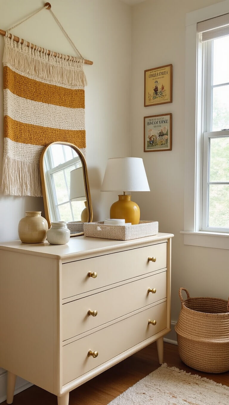 Close-up of bright nursery corner with restored 1950s blonde wood dresser, vintage mirror, ceramic table lamp, and brass-framed children's book covers on wall.