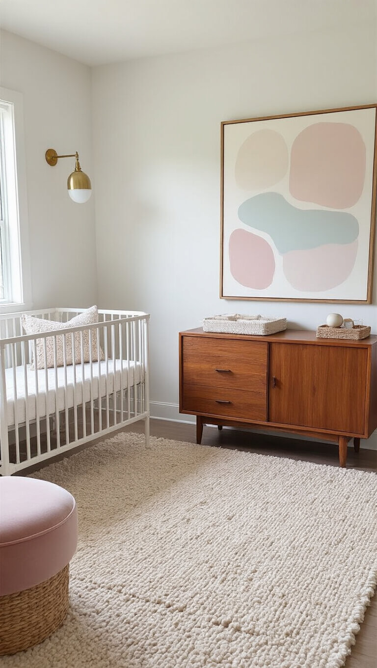 Wide-angle view of a 13x15ft nursery with white crib, vintage teak credenza, pastel abstract art, layered lighting, and textured decor elements in natural afternoon light.