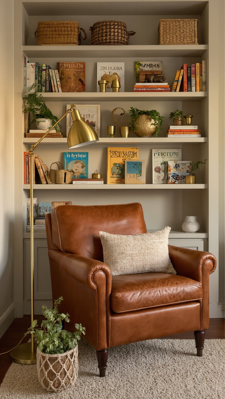 Cozy nursery reading nook with cognac leather chair, brass floor lamp, built-in shelves of children's books, and macramé plant hanger in golden hour light.