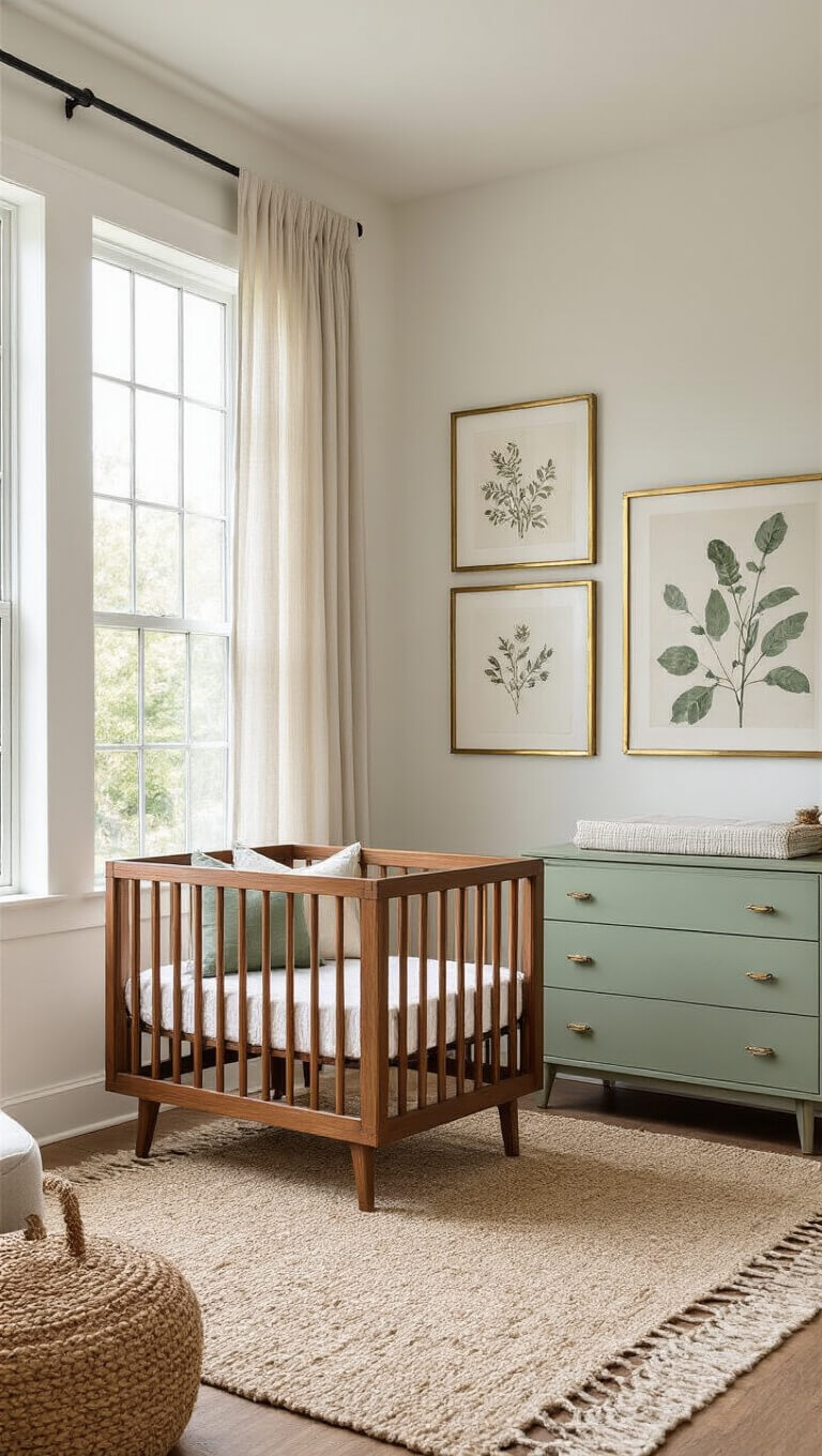 Modern nursery with walnut crib, sage vintage dresser, gallery wall, and layered textures in natural morning light.