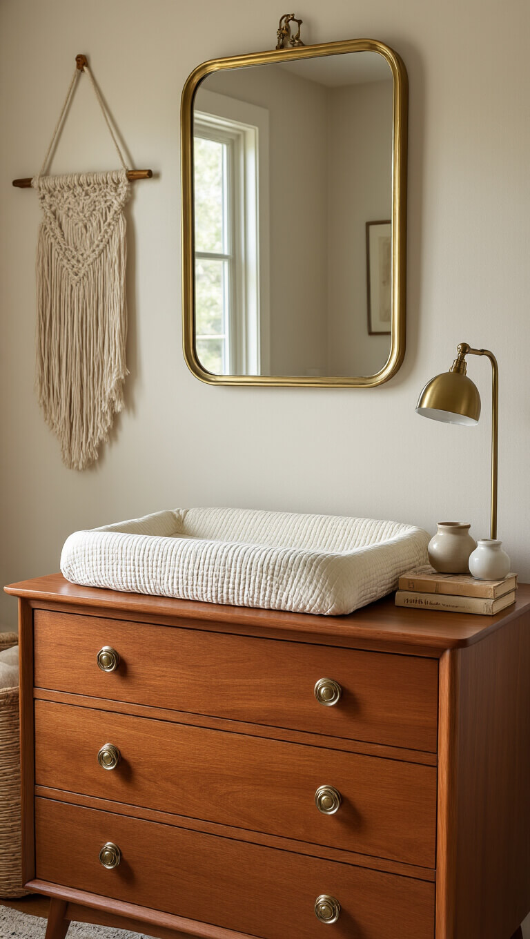 Close-up of teak mid-century changing station with cream linen pad, brass mirror, ceramic vessels, vintage books, lamp, and macramé wall hanging in warm light.
