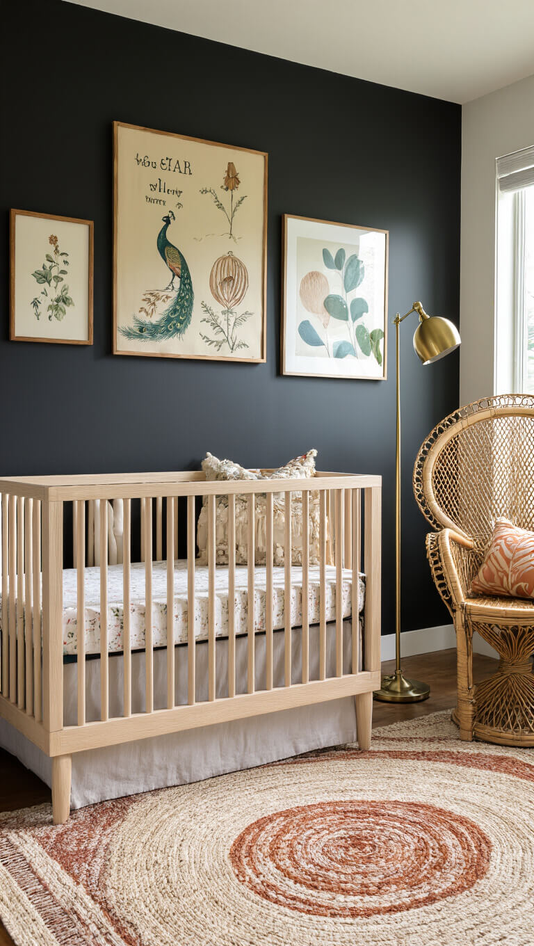 Modern nursery corner at sunrise with bleached oak crib, rattan peacock chair, brass lamp, gallery wall, and layered cream and rust rugs.