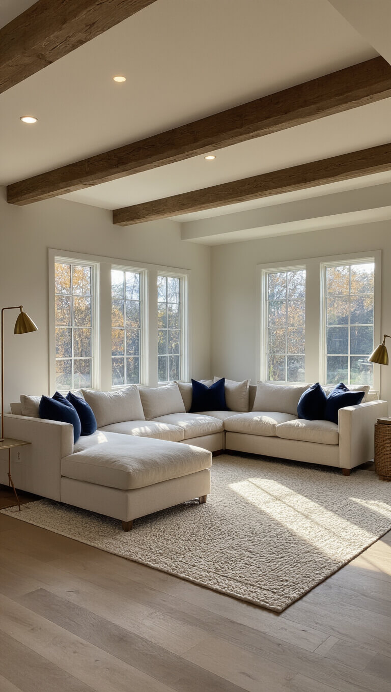 Modern basement living room with oatmeal L-shaped sectional, exposed wooden beams, layered lighting, and warm sunlight through large egress windows.