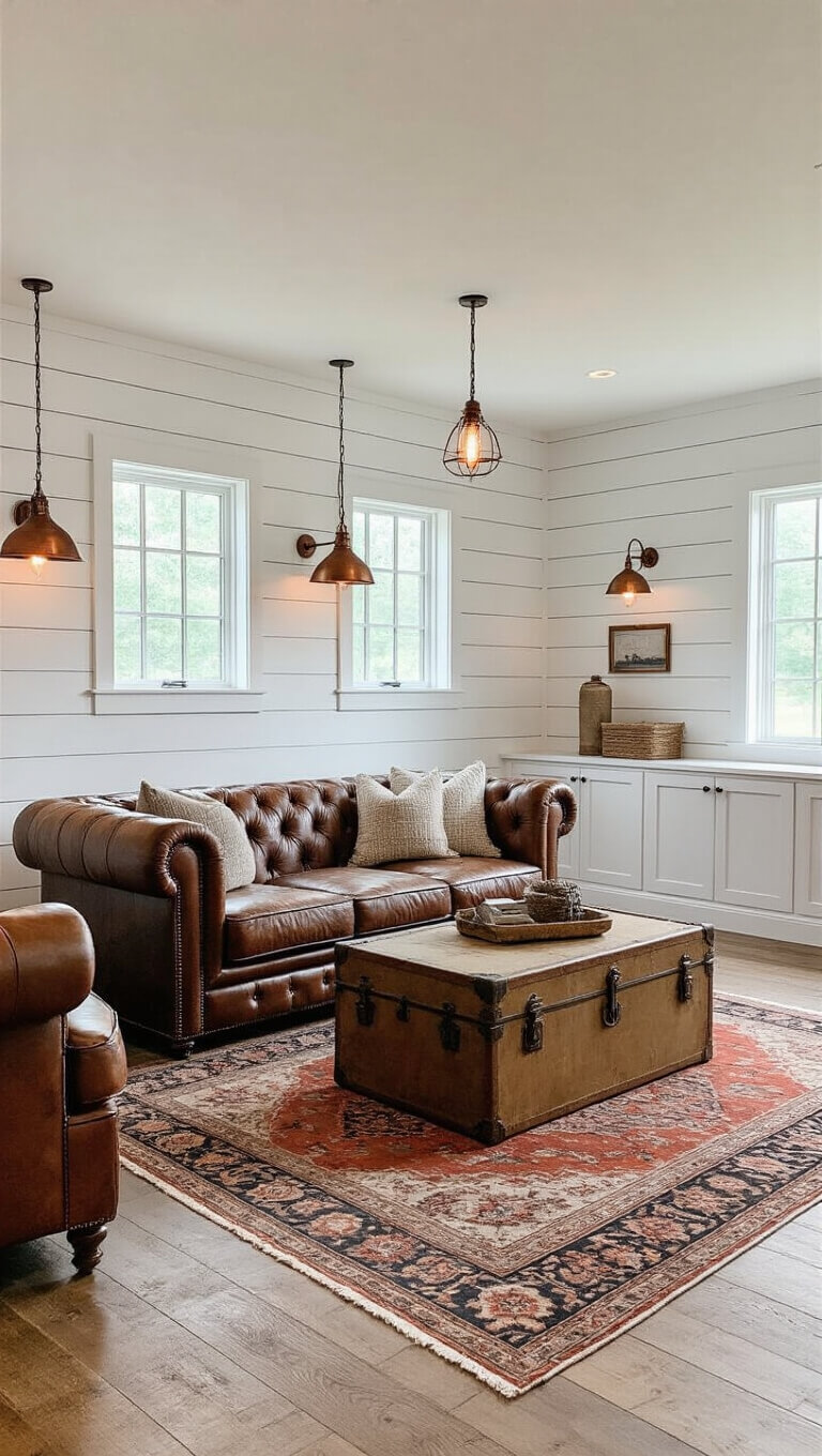 Farmhouse-style basement with white shiplap walls, rustic wood flooring, leather Chesterfield sofa, vintage trunk coffee table, Persian rug, and mixed metal lighting in morning light.