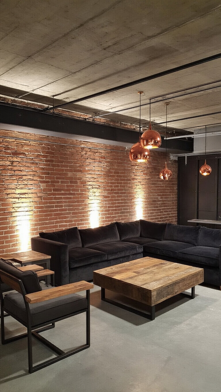 Urban industrial basement lounge with exposed concrete ceiling, brick accent wall, charcoal velvet sectional, and reclaimed wood furniture, warmly lit by copper pendant lights in an evening setting.