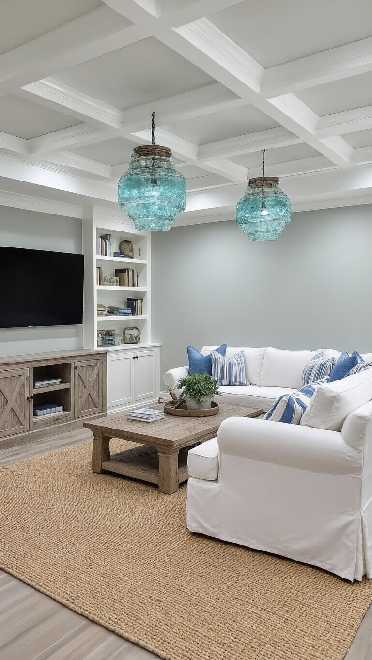 Coastal-themed basement with white coffered ceiling, pale gray walls, white sectional, beach-glass pendant lights, and driftwood accents.